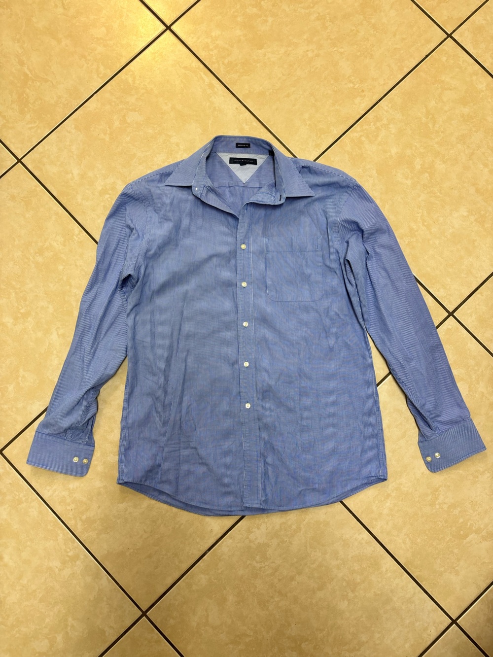 Tommy Hilfiger blue button-up shirt with thin white vertical stripes, size 15.5,